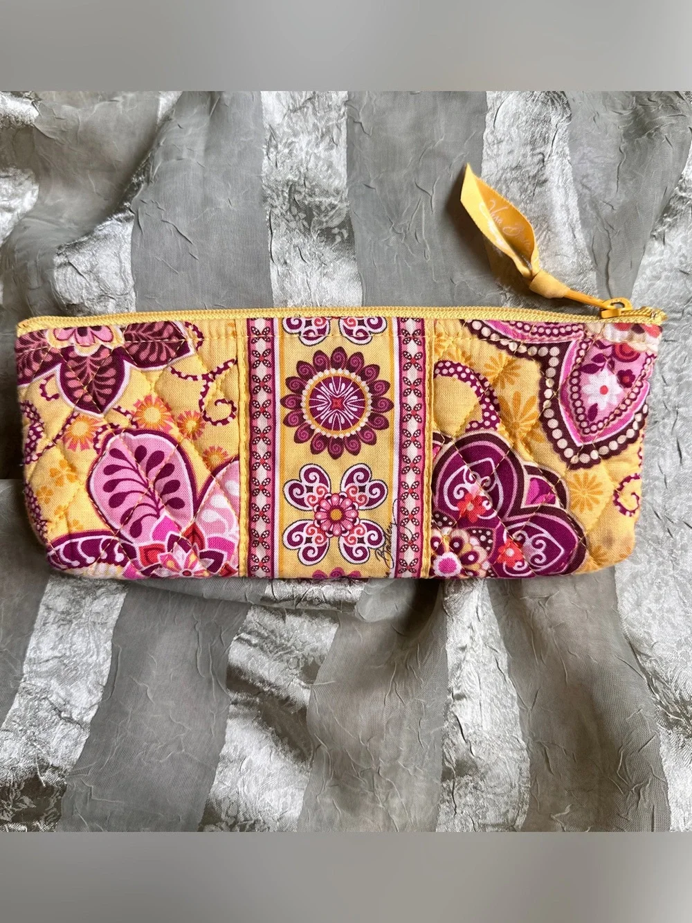 Vera Bradley Bali Gold Yellow Pink Quilted Floral Zip Cosmetic Pencil Pouch